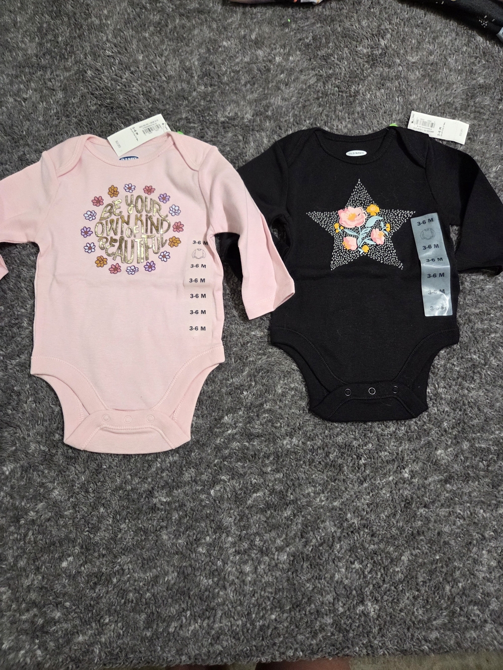 Old Navy Pink and Black Floral Graphic Long-Sleeve Baby One-Piece Duo